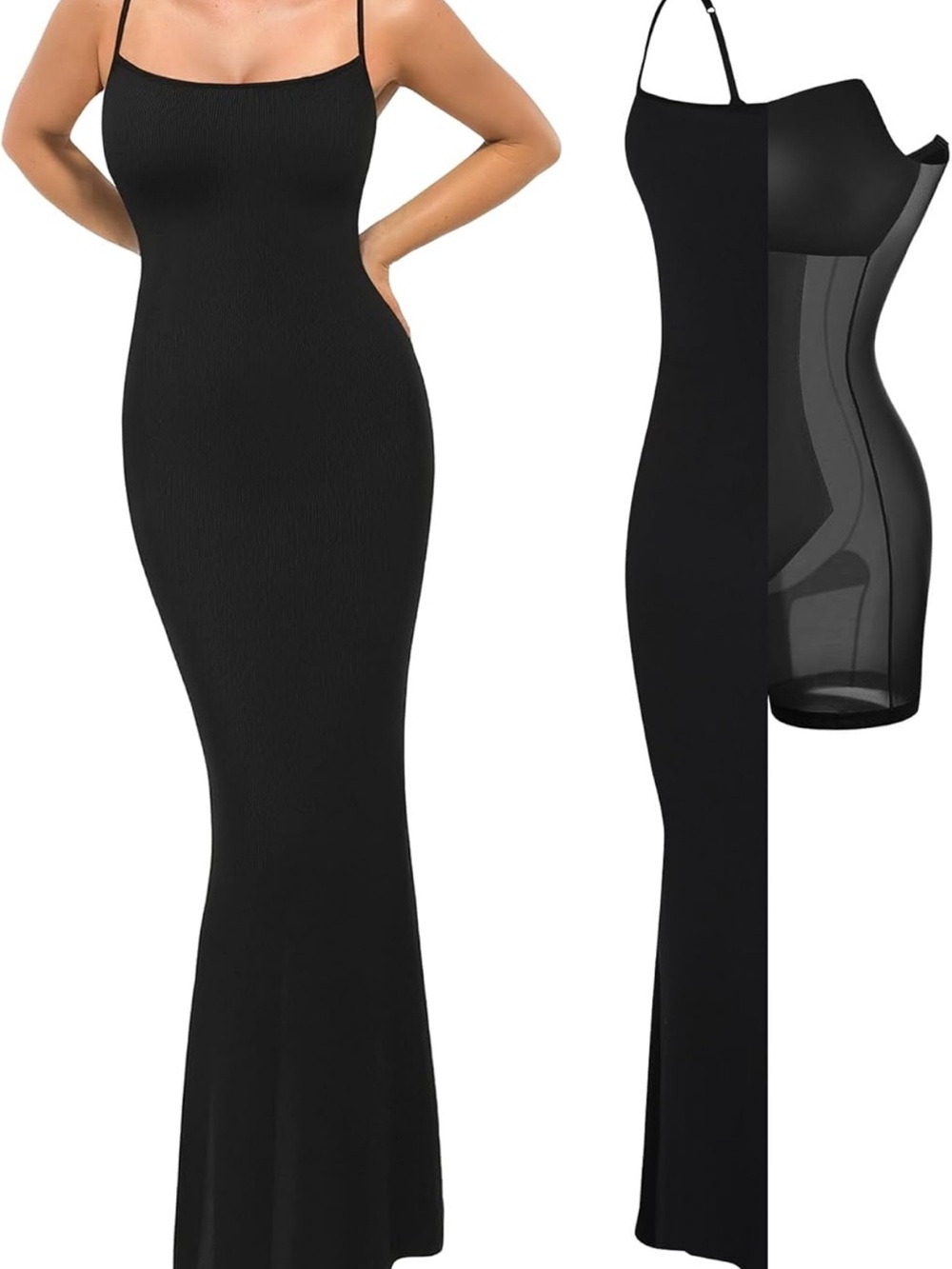 Black Slim-Fit Maxi Slip Dress with Built-In Shapewear